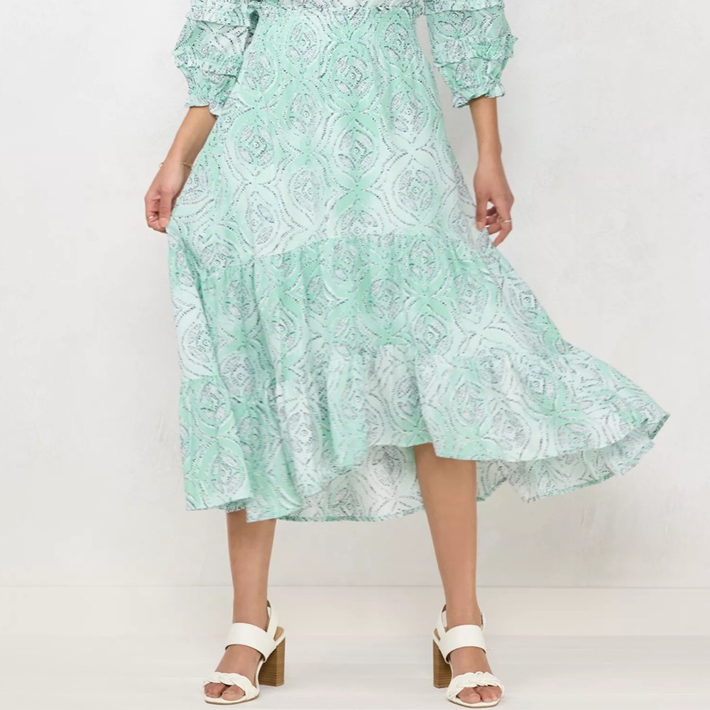 LC Lauren Conrad Mint Green & White Cotton High Low Tier Skirt Elastic Waist L